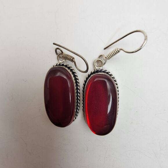 Sterling Silver Red Oval Earrings - Unique Gemstone Jewelry - Statement Earrings - Picture 2 of 7